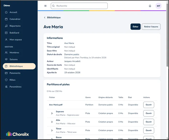 Ave Maria page in the Choralix library: sheet music and practice tracks for each voice part