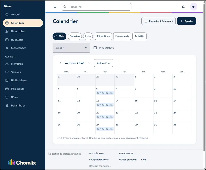 Choralix calendar in month view, with Tuesday rehearsals and one cancelled rehearsal