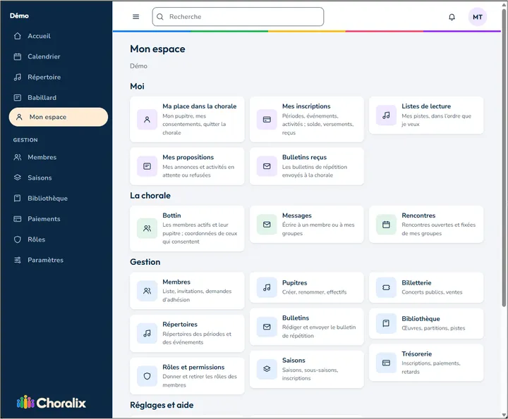 My space in Choralix: registrations, playlists, directory, messages and management tools