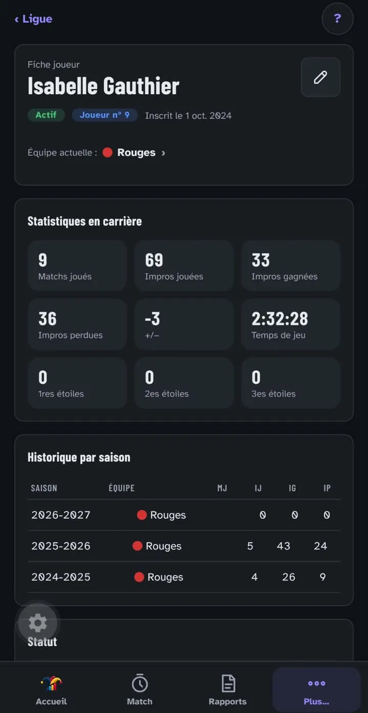 A player profile in ImproStats: career statistics and season-by-season history