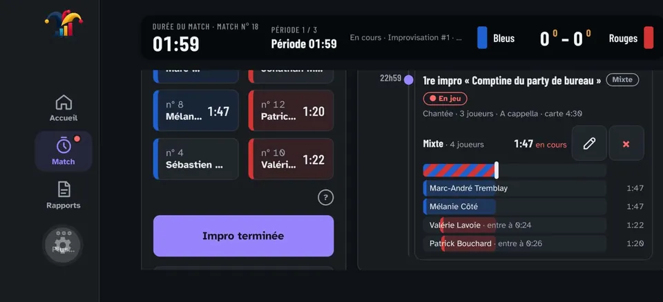 ImproStats on a tablet during a match: clock, score, players on the rink and each player's ice time